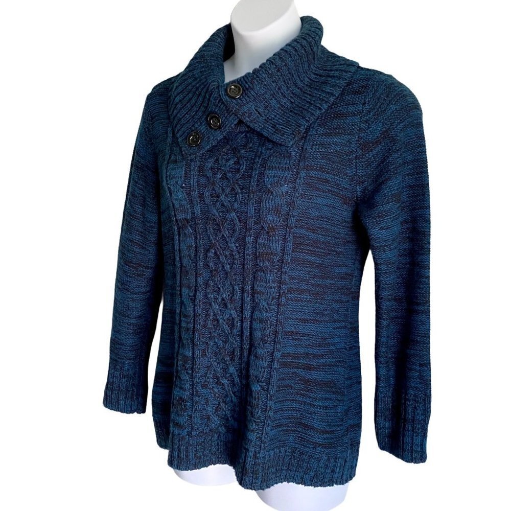 Karen Scott Navy Pull Over Cable Knit Sweater Button Collar Women's Medium - Picture 3 of 9